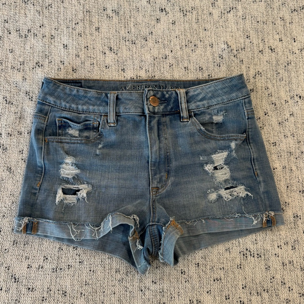 American Eagle Hi-Rise Shortie Blue Denim Shorts